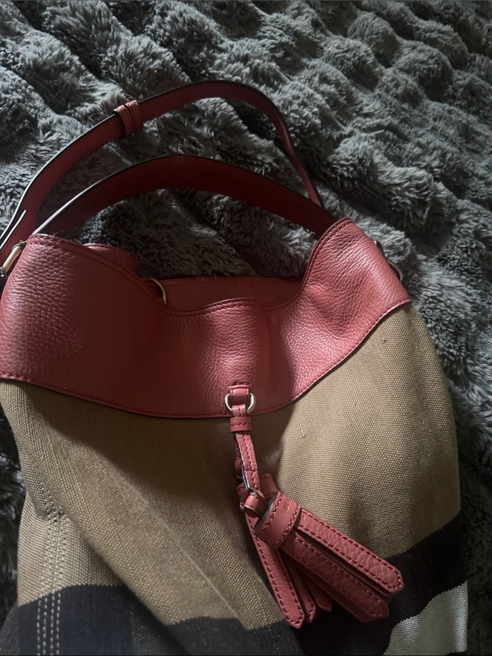 Burberry Beige, Black & Pink Striped Hobo Bag